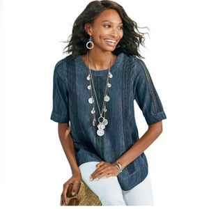 🐲💙 Soft Surroundings Lapiza Crochet Stripe Chambray Shirt